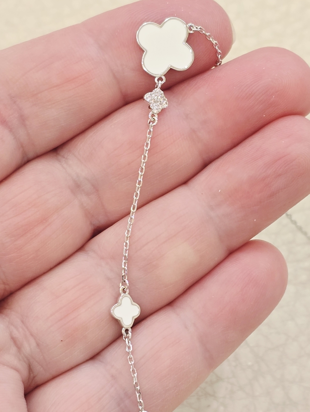 Rachel Zoe Sterling Silver Clover White Enamel Bracelet stamped 925 7.5"
